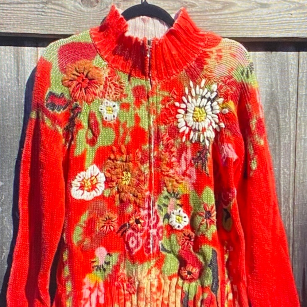 Coldwater Creek Vibrant Red Floral Cardigan